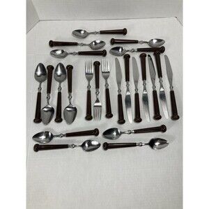 Oxford Hall Stainless Flatware Brown Handle MCM JAPAN 1973 23 Pcs Serving Set